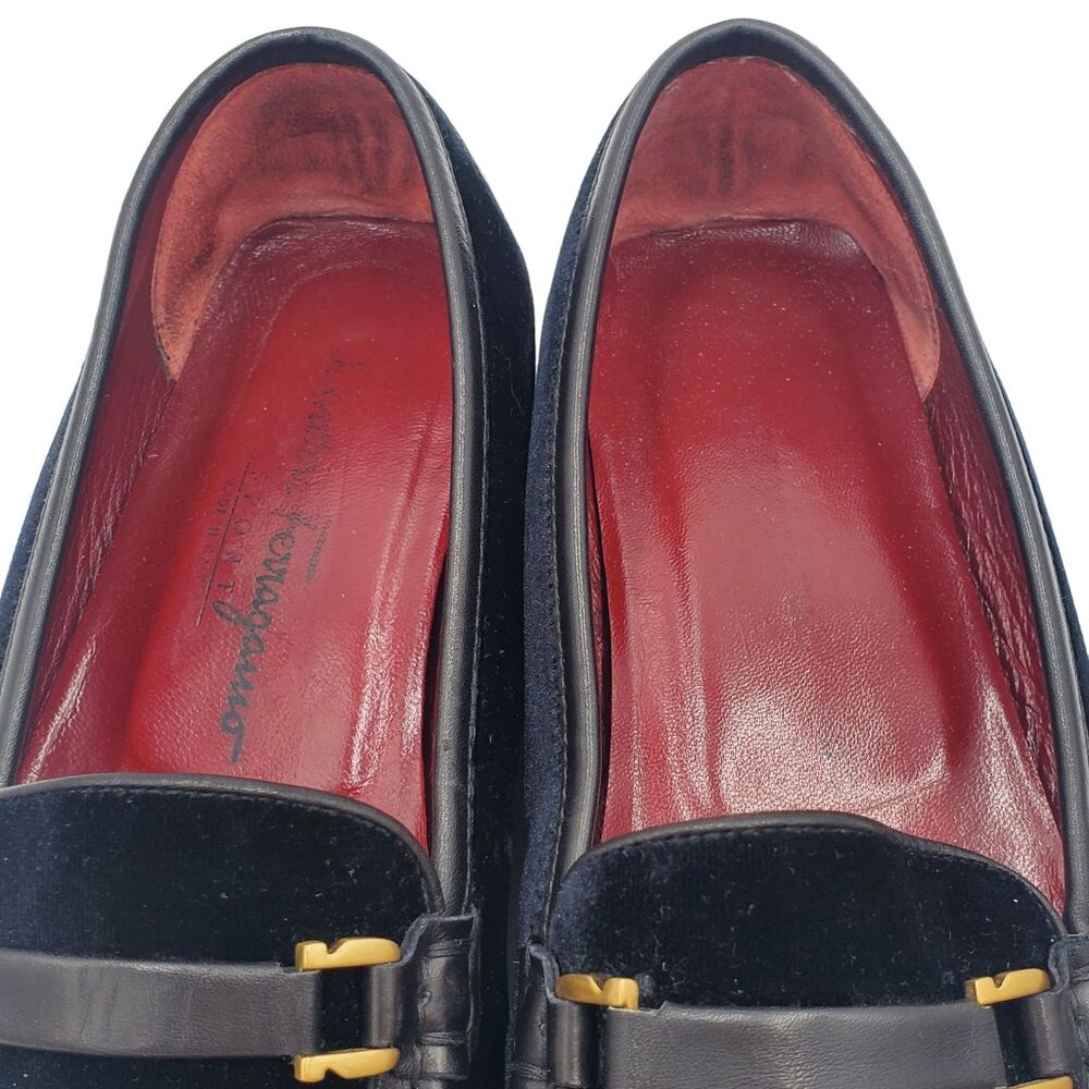 Salvatore Ferragamo Black Velvet & Leather Bit Loafer with Gold Hardware - Picture 9 of 12